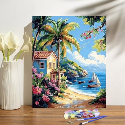 obterie Beach Paint by Numbers Kit for Adults Beginner Scenery Oil Painting Kit Adult Paint by Number Kits on Canvas DIY Painting for Beginners Art by Numbers for Gifts Home Wall Decor 16x20 Inch - Image 2