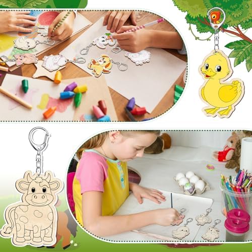 Trnayi 36 Pcs Farm Animal Unfinished Wood Keychain DIY Craft - Image 3