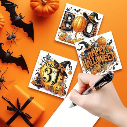 jinglinhh 6pcs Diamond Art Painting Halloween Pumpkin Witch Hat Cat Greeting Cards with Envelopes, DIY Card Making Kits for Adults, Diamond Art Postcards Christmas Cards Craft Gifts - Image 4