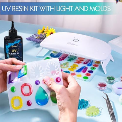 Suzzam UV Resin Jewelry Making Kit, 300g Crystal Clear UV Resin Kit with Molds, 30w & 22 Lamp Beads UV Resin Light Large for Craft Making Earrings, Necklaces, Keychains - Image 6
