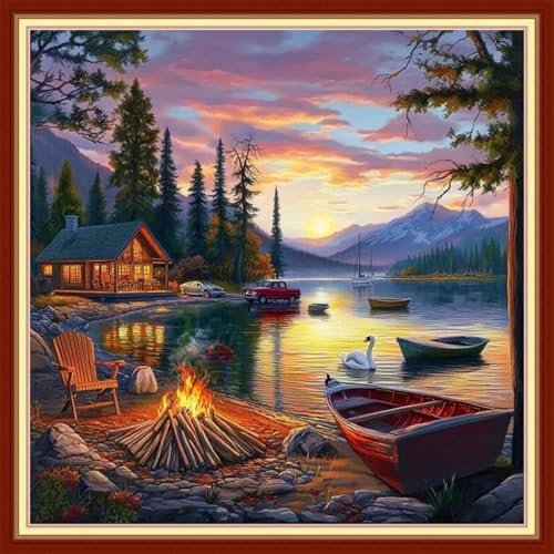 Joyhoor Cross Stitch Kits for Beginners Stamped Cross-Stitch Supplies Needlework preprint Embroidery Kits for Adults DIY Needlepoint Kits Embroidery Patterns 11CT-Sunset by the Lake 18x18 inchs by JoyhoorCrossStitchKits