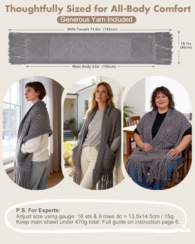 Arborthread Crochet Kit for Beginners, Easy All-Season Pocket Shawl Grey - Image 2