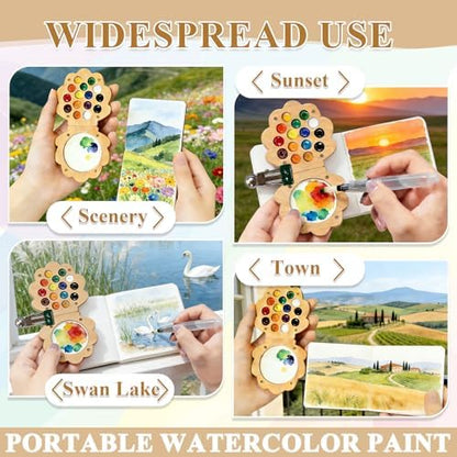 EVOCKAY Mini Watercolor Paint Palette with Clip Perfect for Artists, Painters & Students - Wooden Travel Kit 24 Colors-15 Grids（shell-shaped walunt） - Image 6