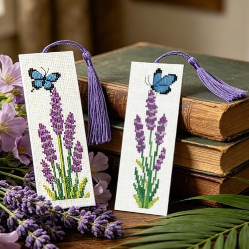 ACRNIGHEET 6PCS Cross Stitch Bookmark Kit for Beginner Stamped Cross Stitch Kits for Adults Lavender DIY Tassel Embroidery Bookmark Kits Needlepoint Kit with Instructions Craft Gift 8.5''x3'' 11CT - Image 6