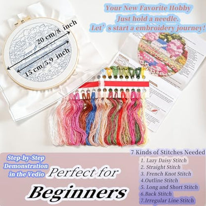 FONNUY Embroidery Kit for Beginners, Boho Nature Landscape Pre-Stamped Pattern Kits for Adults with Hoop, Easy to Follow Color Thread Needlework, 8'' Hoop (Mountain House) - Image 4