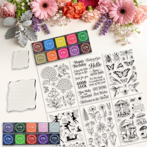 6Pcs Flower Clear Stamps for Card Making, Mushroom Silicone Stamps for Crafting & DIY Scrapbooking, Butterfly Journaling Decor,Flower Fairies,Birthday Words with Blessings - Image 4