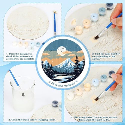 Faccito 4 Pack Wooden Landscape Paint by Numbers Kit for Adults Beginners 8 Inch Unfinished Round Wood Board Acrylic Paint Nylon Brush Hook Distant Mountains Sunset Lake DIY Crafts for Home Wall Decor - Image 2