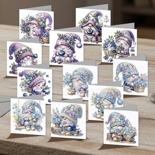 jinglinhh 12pcs Diamond Art Painting Lavender Blueberry Gnome Greeting Cards with Envelopes, DIY Card Making Kits for Adults, Diamond Art Postcards Christmas Cards Craft Gifts - Image 4