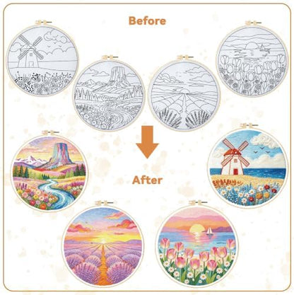 BEUNITONE 4 Set Embroidery Kits for Beginners, Pink Scenery Design with Pre-Stamped Pattern Craft Kits Include Instruction and Hoops, 7.9"x7.9" Needlepoint Kits for Festival Gifts and Home Decor - Image 4