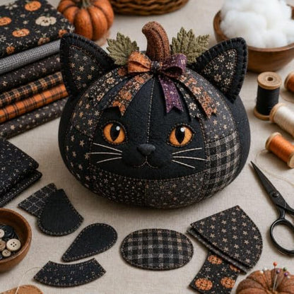 DIY Animal Pumpkin Sewing Kit -Halloween DIY Pumpkin Patchwork Craft Kit,Harvest Fabric Animal Craft Set for Adults Beginners,Autumn Thanksgiving Home Ornament Craft Kit，Cat - Image 2