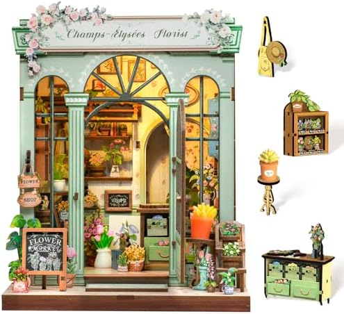 Cutefun Book Nook Kit - DIY Miniature Dollhouse Kit for Adults and Teens, French Flower Shop Mini House Building Kit with LED, 3D Wooden Puzzle for Beginner Creative Gifts (Champs-Élysées Florist) by Cutefun