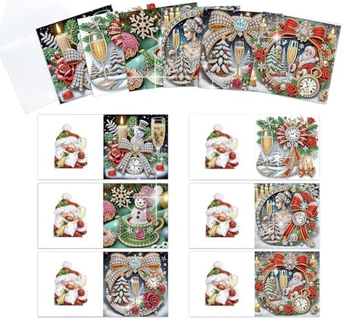 6pcs Christmas Diamond Painting Greeting Card with envelopes, DIY Santa Claus and champagne Diamond Art Greeting Card for Blessing and Wish Special Shaped Arts Crafts for Birthday Thanksgiving Day by MVVMTOP