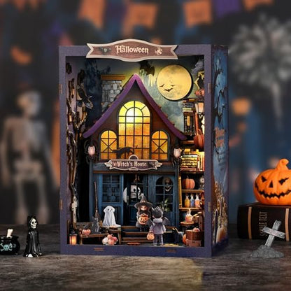 Halloween Book Nook Kit with LED, DIY Miniature House Dollhouse Kit for Adults and Teens, 3D Wooden Puzzle Booknook Tiny House Bookshelf Halloween Decorations, Gift for Family, Friends by MOSTCLOUD