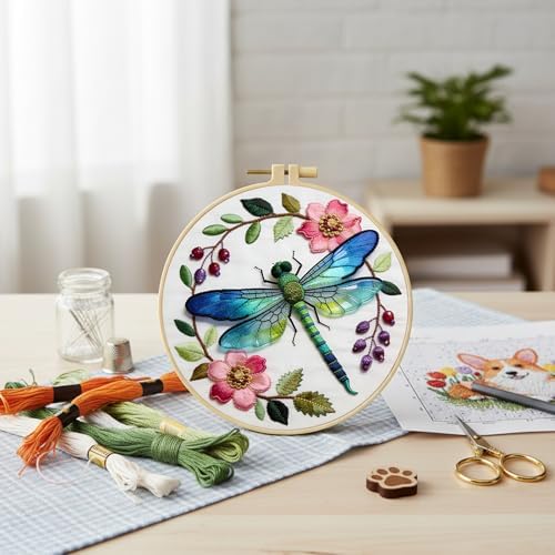 FRANDEK DIY Flower Dragonfly Stamped Embroidery Kit with Hoop for Adults - Image 4