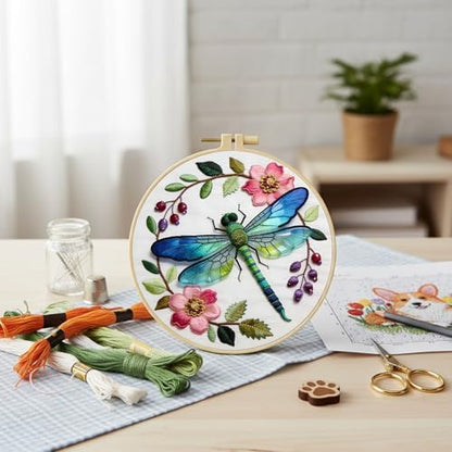 FRANDEK DIY Flower Dragonfly Stamped Embroidery Kit with Hoop for Adults - Image 4