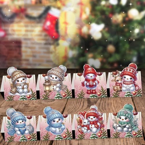 jinglinhh 8pcs Diamond Art Painting Christmas Snowman Greeting Cards with Envelopes, DIY Card Making Kits for Adults, Diamond Art Postcards Christmas Cards Craft Gifts - Image 7