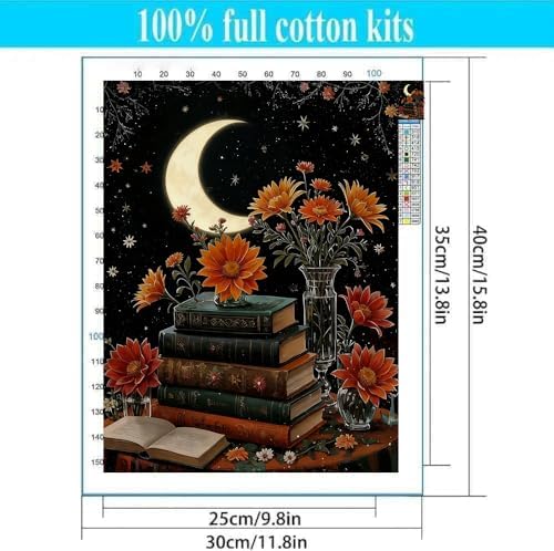 Lzyueyuan Book Flower Stamped Cross Stitch Kits for Adults Beginner, Moon Cross Stitch Ornament Kits Counted Embroidery Needlepoint Kits Home Decor 11.8X15.7inch - Image 2