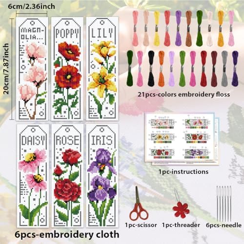 ACRNIGHEET 6PCS Cross Stitch Bookmark Kits for Beginner Flower Crossstitch Kits Adult Rose Daisy Lily Stamped Embroidery Bookmarks with Accessories for Adults Craft Gift 11CT - Image 2
