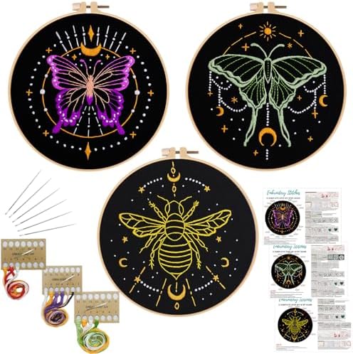 Louise Maelys 3 Sets Tarot Embroidery Kits for Beginners,Cross Stitch Kit for Adults,Crewel Starters Needlepoint with Moon, Butterfly, Bee and Moth Pattern and Tool by LouiseMaelys