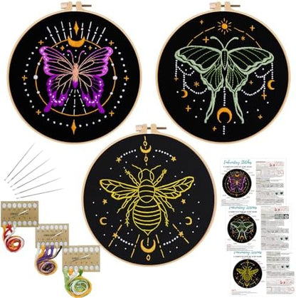 Louise Maelys 3 Sets Tarot Embroidery Kits for Beginners,Cross Stitch Kit for Adults,Crewel Starters Needlepoint with Moon, Butterfly, Bee and Moth Pattern and Tool by LouiseMaelys
