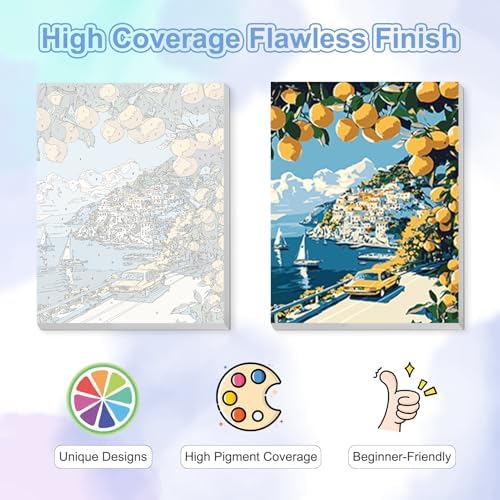 TOSTOG Lemon Tree Town Framed Canvas Paint by Numbers Art Kit for Adults and Kids, Beginner Acrylic Oil Painting Supplies with Wooden Frame for Home Wall Decor 20 * 30 cm/8 * 11.8 in - Image 4
