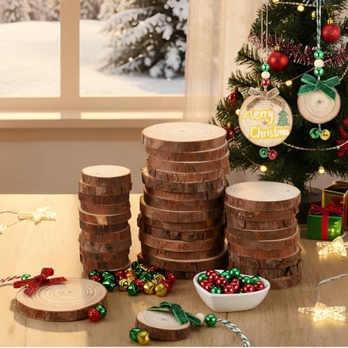 Gerrii 120 Pcs Natural Wooden Slices 2-4 Inch Wooden Christmas Ornament Embellishments Craft with Bows Beads Bells DIY Creative Handmade for Christmas Ornaments Holiday Hanging Decorations - Image 5