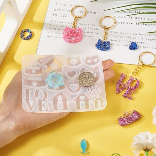 Pet Tag Silicone Mold DIY Keychain Silicone Molds Kit Pet Home Love Heart Cat Puppy Bowl Resin Casting Molds & 10Pcs Key Rings 30Pcs Jump Rings for DIY Keychain Collar Earring Jewelry Making - Image 6