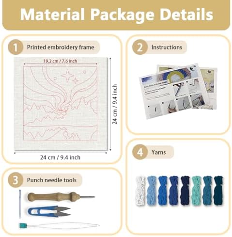 Doodlream Aurora Night Scene Needle Kit for Beginner, 9.4"x 9.4" Northern Lights Punch Stitching Craft Set, DIY Embroidery Starter with Printed Frame, Instruction, Threader, Yarn, Pinch Needle - Image 2