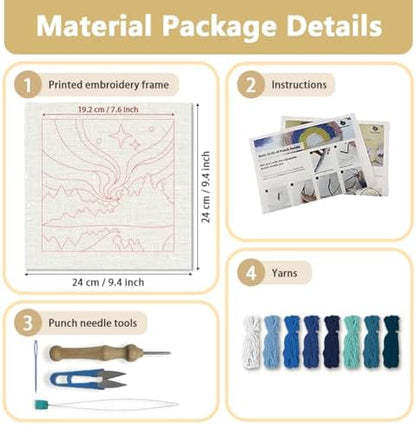 Doodlream Aurora Night Scene Needle Kit for Beginner, 9.4"x 9.4" Northern Lights Punch Stitching Craft Set, DIY Embroidery Starter with Printed Frame, Instruction, Threader, Yarn, Pinch Needle - Image 2
