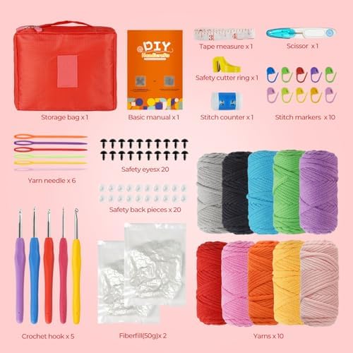 iptek Crochet Kit for Beginners Adults，Crochet Yarn for Beginners, 10colors Total Crochet Yarn Kits with Easy-to -See Stitches，Includes Basic Stitch Guide and extensive amigurumi Video tutorials. - Image 2