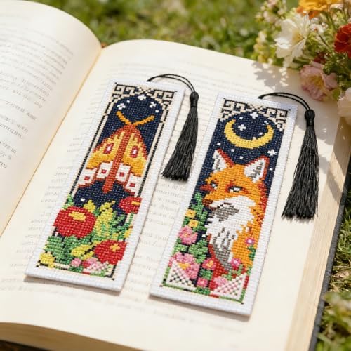 INFUNLY 6 Pack Night Animal Cross Stitch Bookmark Kit with Tassels, Stamped Pre-Printed Moon Star Embroidery for Adults Beginners, DIY Tool Set with Floss Scissors, Craft Gift for Book Lovers - Image 2