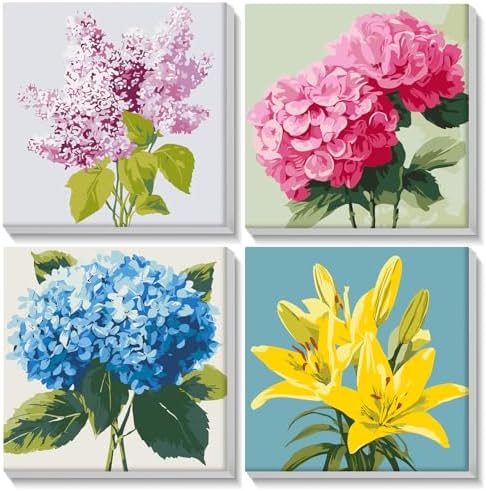 Lxmsja 4 Pack Subtle Flora Paint by Numbers Kit for Adults, Easy Framed Paint by Numbers for Adults Beginner, DIY Acrylic Oil Painting Craft Kits for Home Wall Decor 8x8 inch by Lxmsja