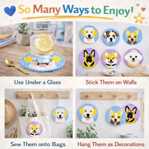 Punch Needle Coaster Kit for Adults Beginners, Easy Punch Embroidery Starter Set with Instructions – Fun Mug Rug Making Kit for Table Decor & Festival DIY Gifts (6pcs Cute Dogs) - Image 6