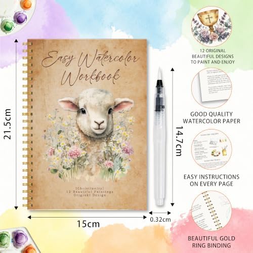 Christian Gift, Christian Watercolor Workbook for Beginners, Water Coloring Book with Christianity Designs, 12 Different Easter Lamb Paintings Original Designs, Watercolor Set with Water Paintbrush - Image 2