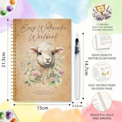 Christian Gift, Christian Watercolor Workbook for Beginners, Water Coloring Book with Christianity Designs, 12 Different Easter Lamb Paintings Original Designs, Watercolor Set with Water Paintbrush - Image 2