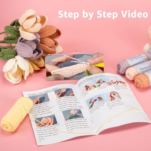 Noocro Crochet Kit Flower Bouquet, Rose, Lily Myosotis, Poppy, Tulip and Orchid with Video Tutorial and Detailed Instructions, Complete Kit Craft Supplies Holiday Gift (Tulip) - Image 5