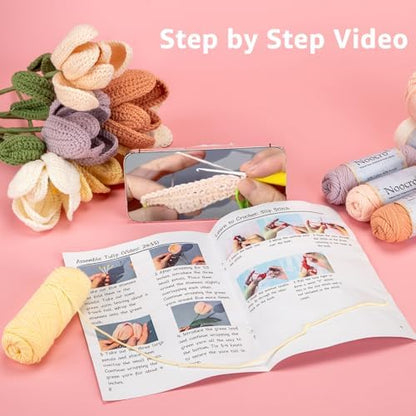 Noocro Crochet Kit Flower Bouquet, Rose, Lily Myosotis, Poppy, Tulip and Orchid with Video Tutorial and Detailed Instructions, Complete Kit Craft Supplies Holiday Gift (Tulip) - Image 5