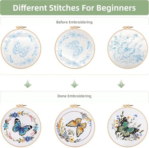 GLTAYLMY 3 Sets Butterfly Embroidery Starter Kit for Beginners Flower Stamped Cross Stitch Kits with Instructions for Beginners Adults Include Embroidery Hoop Threads and Needles - Image 3