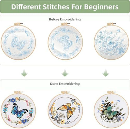GLTAYLMY 3 Sets Butterfly Embroidery Starter Kit for Beginners Flower Stamped Cross Stitch Kits with Instructions for Beginners Adults Include Embroidery Hoop Threads and Needles - Image 3