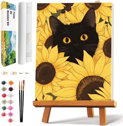 Qaisxoty Paint by Numbers Kit for Adults, Easy Cat Paint by Numbers with Rolled Canvas, Acrylic Paint, Brushes, Box, DIY Beginner Painting by Number Kit for Home Decor Gift - 12” x 16” by QaisxotyPaintbyNumberKits