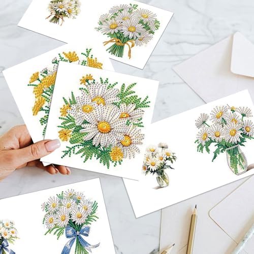 MVVMTOP 6pcs Diamond Art Painting Greeting Card, Bouquet DIY Daisy Diamond Art Greeting Card for Blessing and Wishe Special Shaped Diamond Arts Crafts for Birthday Thanksgiving Day - Image 7