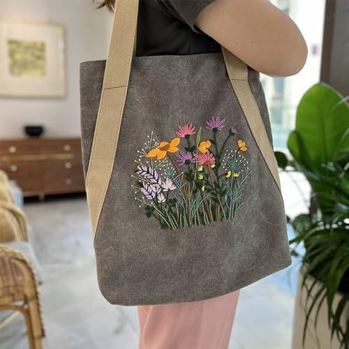 VWV-Whizzing Embroidery Canvas Tote Bag DIY Kit for Beginners, Complete with Pattern, Hoops, Color Threads, Tools & Detailed Instructions for Adults (15X16.5(in) Grey) - Image 5