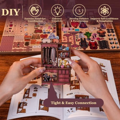 fifijoy Theatre Dressing Room DIY Book Nook Kit - DIY Miniature Dollhouse Book Nook Kit, Classic Theater 3D Wooden Puzzle Model Bookshelf Insert Decor, Gift for Craft Lovers (with Yellow Light) - Image 6