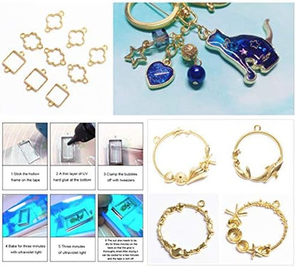 NewVersion- Epoxy Resin UV Glue Kit Clear Transparent Solar Curing with Lamp Molds Liquid Color Pigments 30 Bezels for Pendants Earrings 36 Decorations + Tapes Eyelets Tweezers for Jewelry Making - Image 5