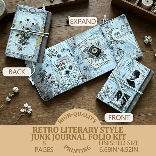 XINPOCUT Vintage Folding Folio Junk Journal Kit,Folio Booklet Craft Kit, Junk Journal Kit, Scrapbooking Supplies, Journaling Decor, Mini Folio Writer Folder Project, Arts & Crafts Gifts - Image 2