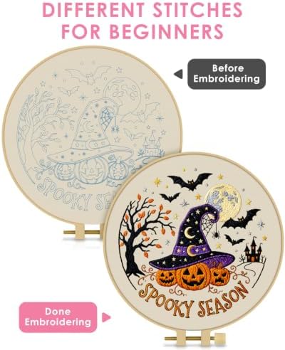 TINDTOP Halloween Embroidery Kit for Adult, Embroidery DIY Starter Kit, with Stamped Patterns, Hoop, Tools, Colorful Threads with Needles, Instructions (Halloween A) - Image 3