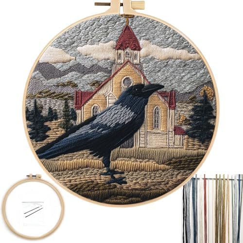 FONNUY Embroidery Kit, Featuring Crow and Landscape Patterns, Cross Stitch Kits for Both Adults and Beginners, Handmade Crafts Printed Pattern Set, Color Thread Needlework, 8'' Hoop (Tenacious Bird) by FONNUY