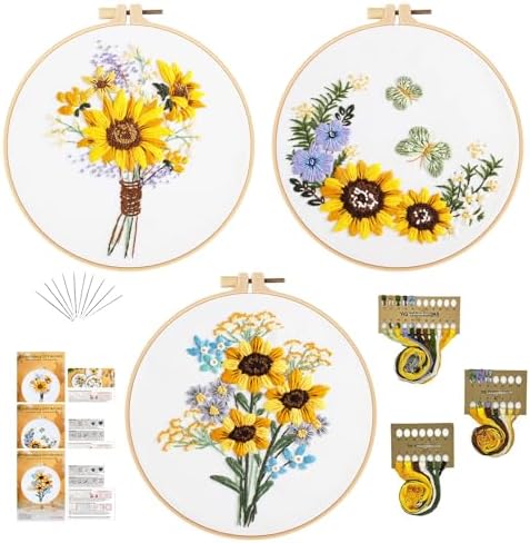 GLTAYLMY 3 Sets Embroidery Starter Kit with Pattern and Instructions, Cross Stitch Set, Stamped Embroidery Kits with 3 Embroidery Clothes with Pattern, 1 Embroidery Hoop(Sunflower) by GLTAYLMYFortuneSmilesonJoyfulTradingwithEveryone