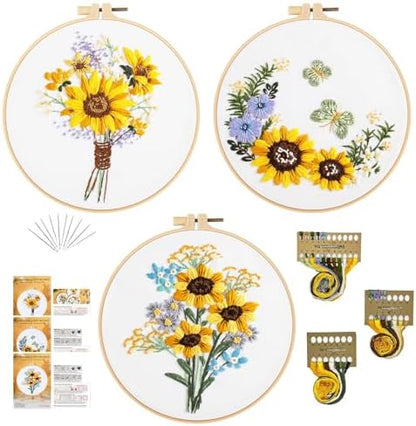 GLTAYLMY 3 Sets Embroidery Starter Kit with Pattern and Instructions, Cross Stitch Set, Stamped Embroidery Kits with 3 Embroidery Clothes with Pattern, 1 Embroidery Hoop(Sunflower) by GLTAYLMYFortuneSmilesonJoyfulTradingwithEveryone