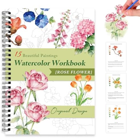 Watercolor Workbooks for Adults Beginners & Teens, 16 Colors 15 Beautiful Paintings, Pre-Outlined Designs, Easy Watercolor Art Book（Without Palette Rose Flowers） by Terself